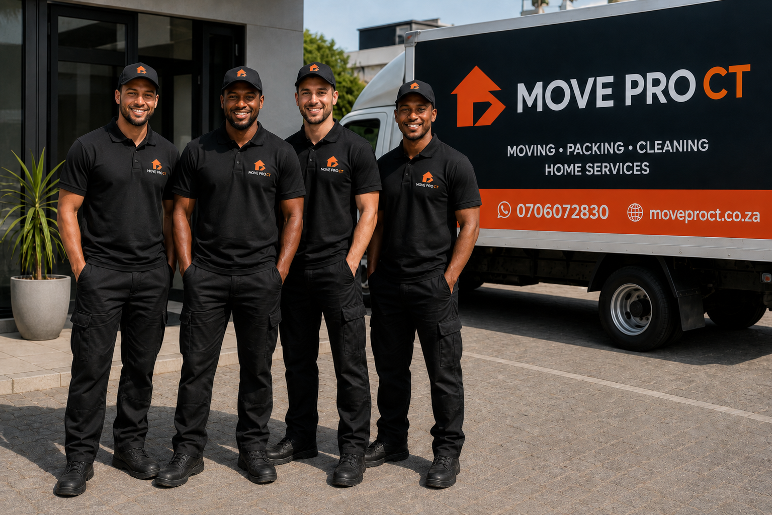 The Move Pro CT team in branded uniforms standing in front of their truck in Cape Town
