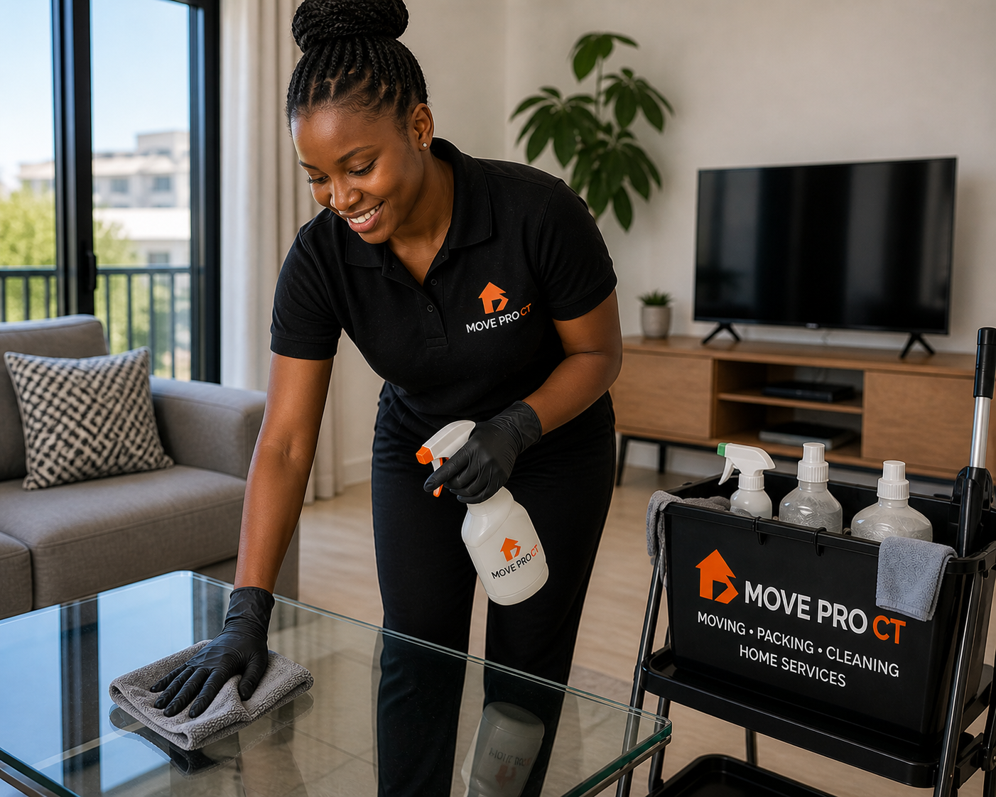 Move Pro CT cleaner deep-cleaning a glass coffee table in a Cape Town apartment