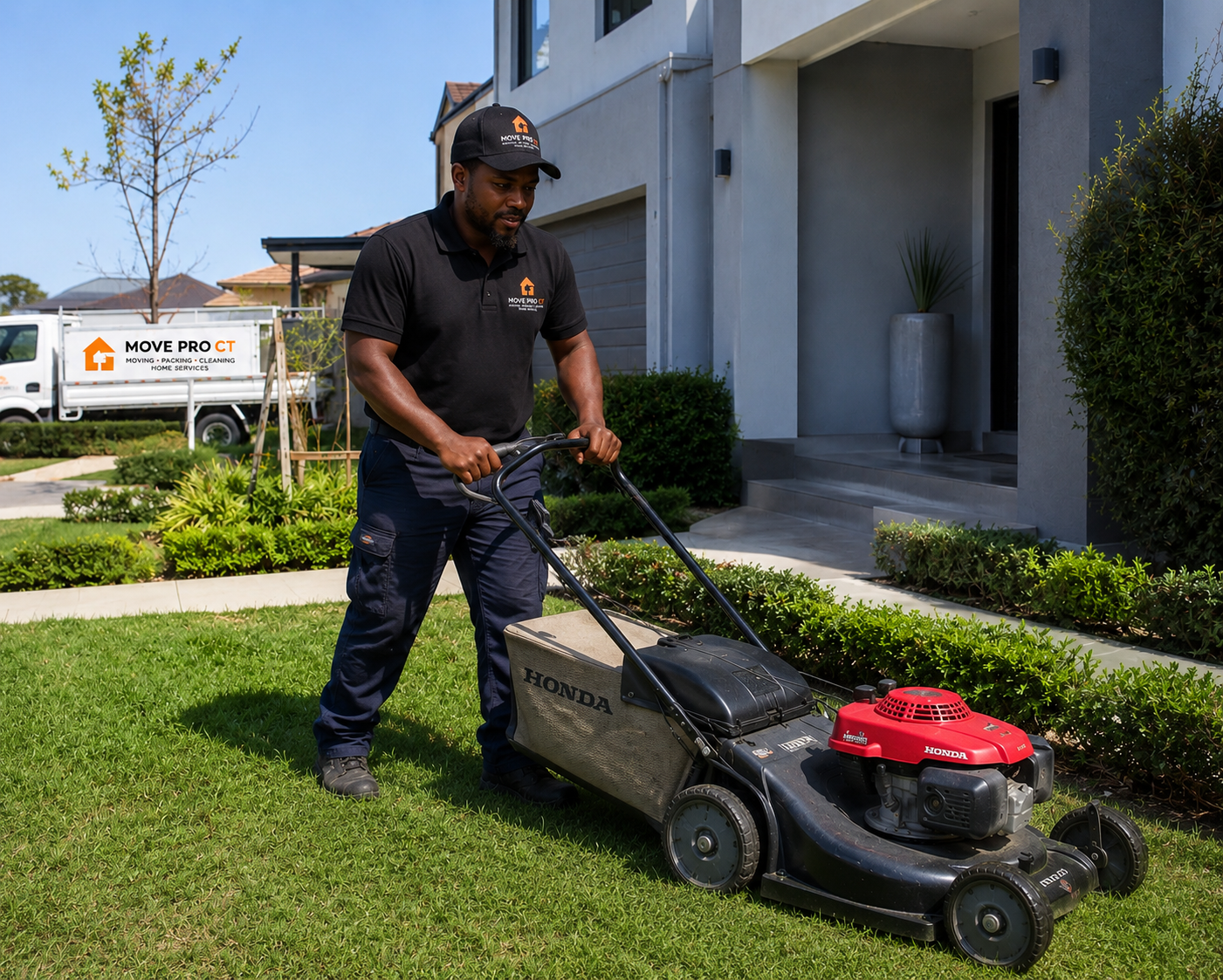 A Move Pro CT helper mowing a Cape Town front lawn with the truck visible behind
