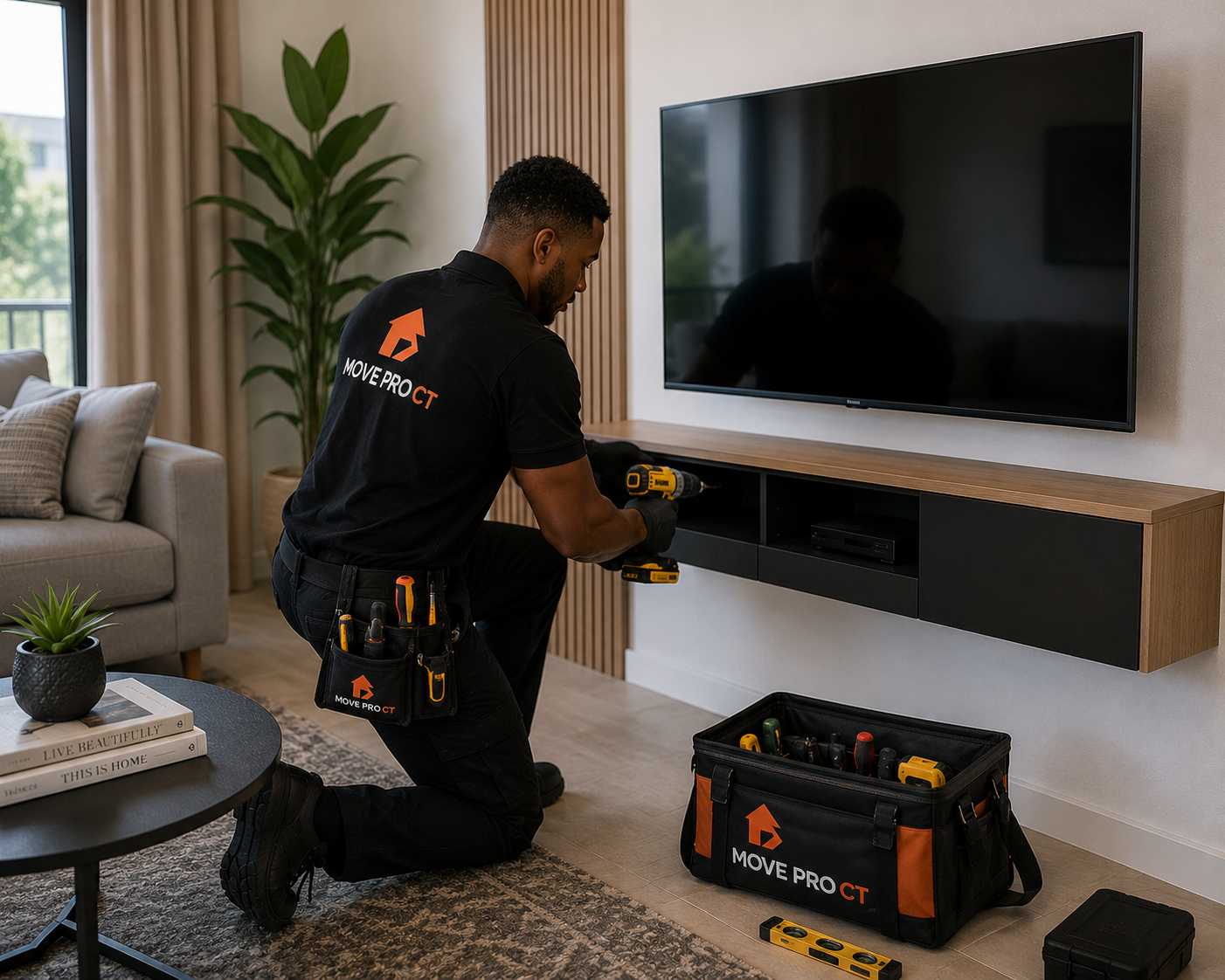 A Move Pro CT handyman mounting a flat-screen TV to a living-room wall