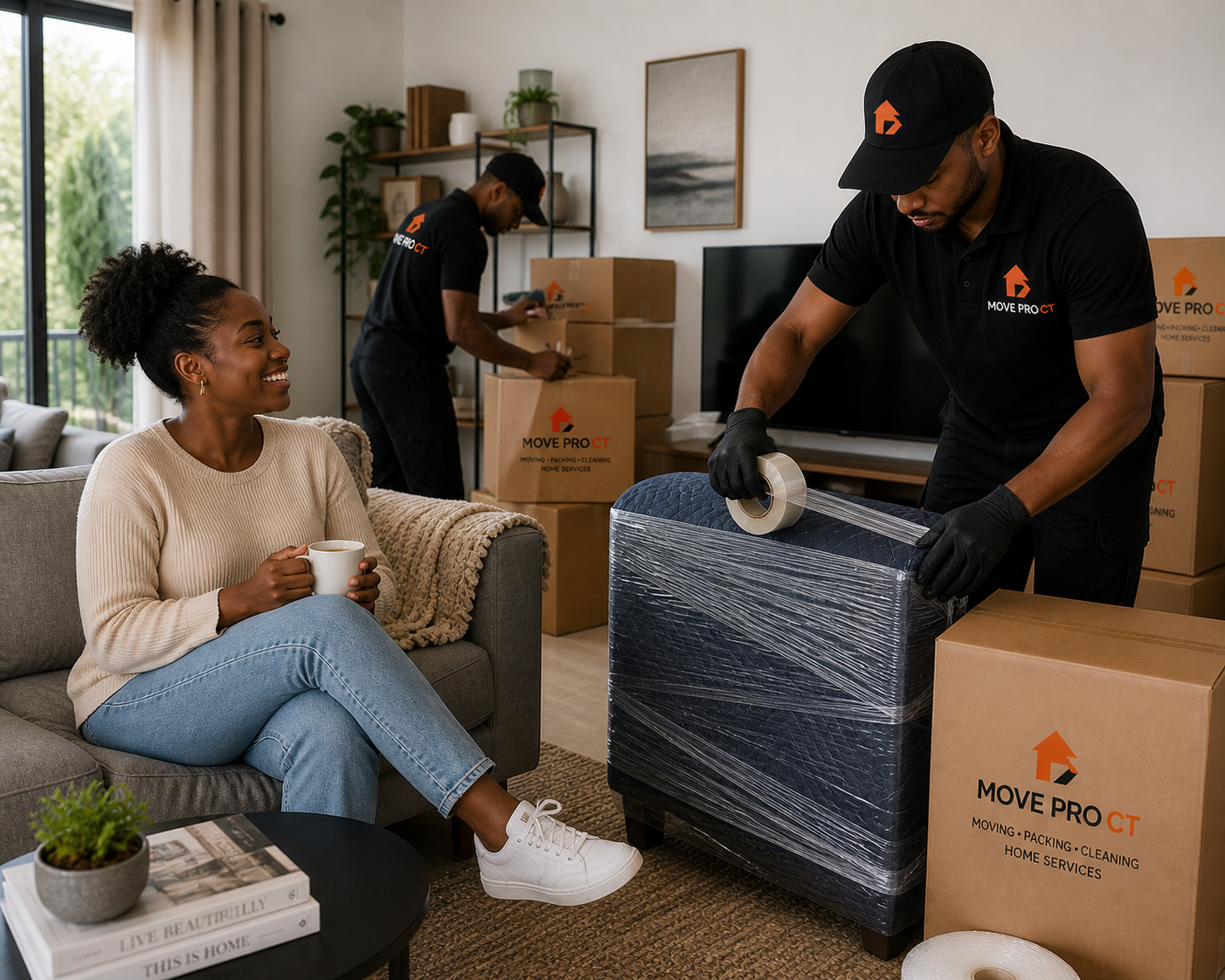 A Move Pro CT packer wrapping fragile items while a customer relaxes