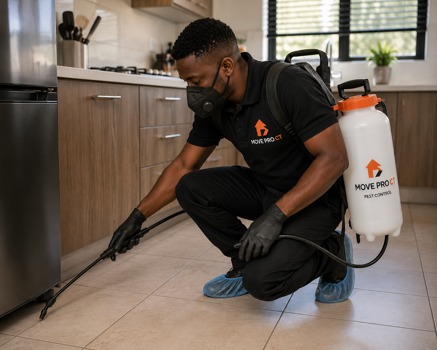 A Move Pro CT pest control technician in PPE spraying along a kitchen baseboard
