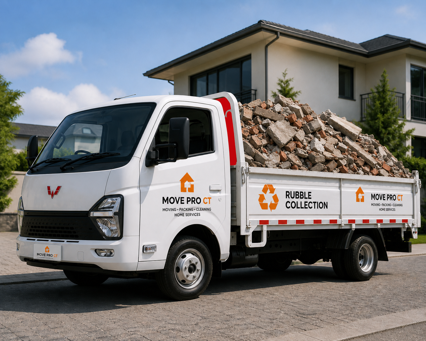 Move Pro CT branded rubble-collection truck loaded with builders' rubble outside a Cape Town home