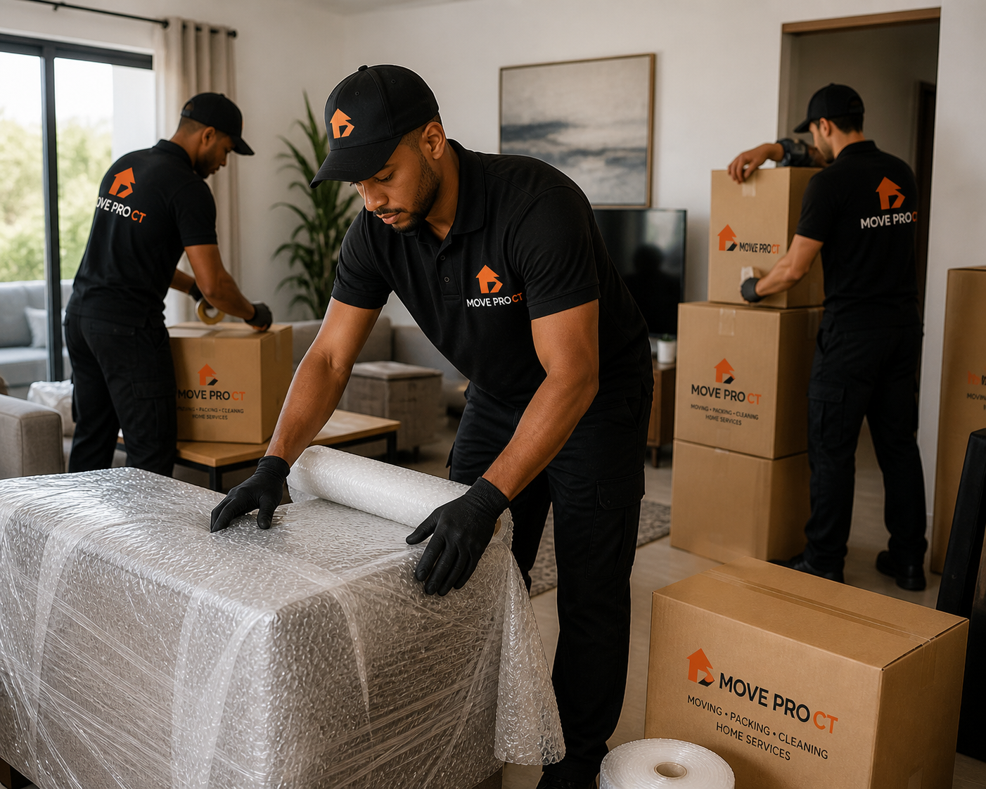 Move Pro CT team wrapping office furniture in protective film